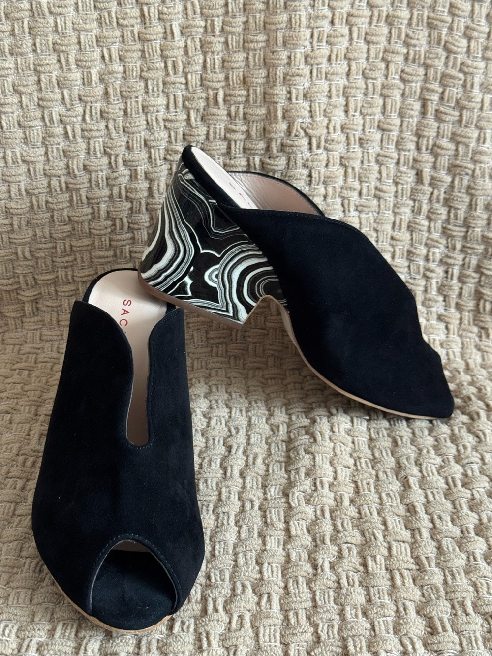 Sacha London Black Suede Mules with Sculpted Patterned Heel